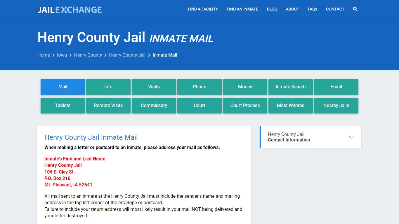 Inmate Mail - Henry County Jail, IA - Jail Exchange